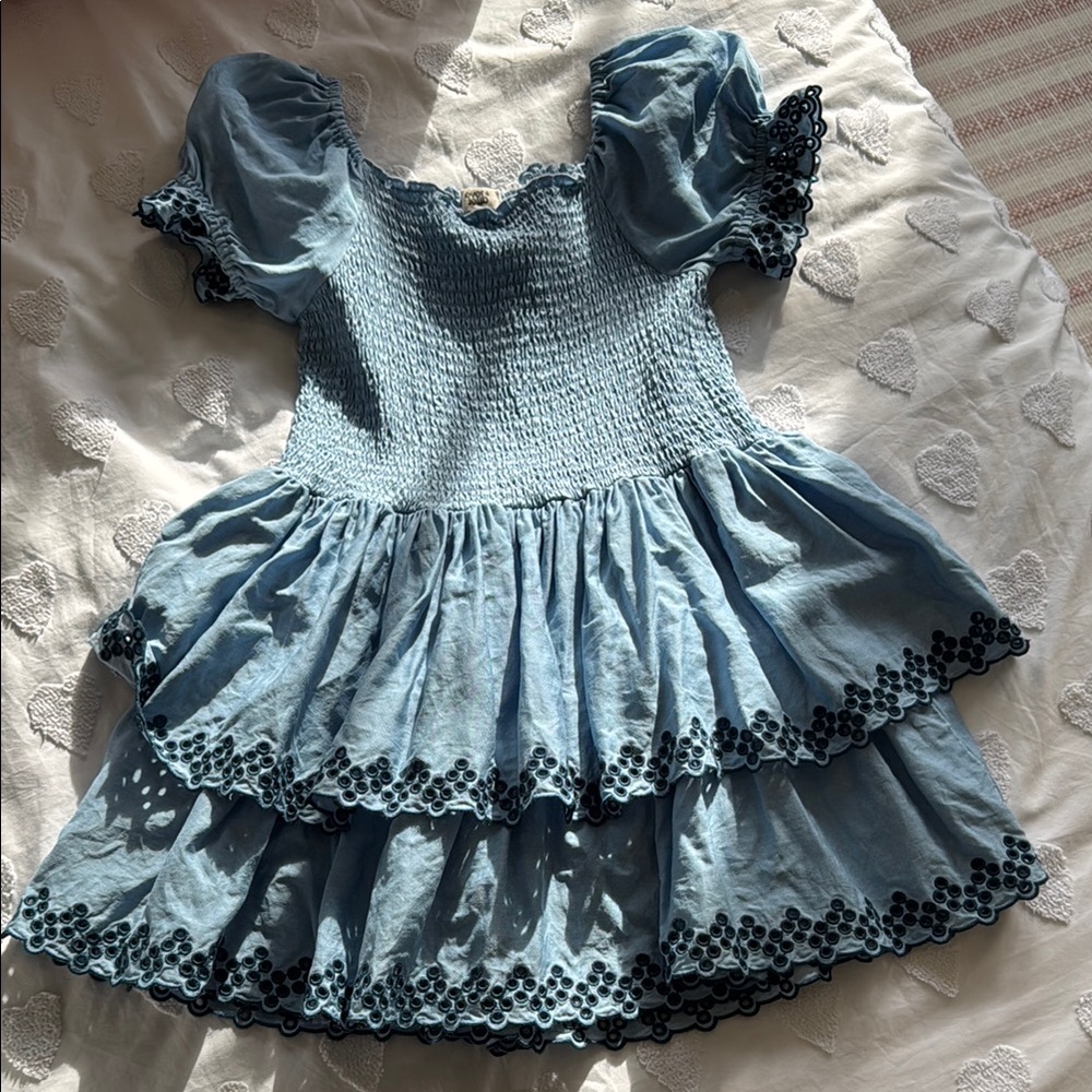 Blue Smocked Dress with Black Trim